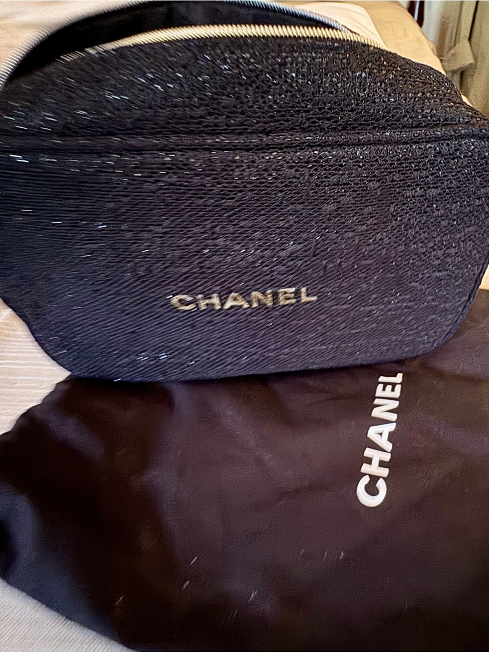 CHANEL Black Cosmetic Pouch with Gold Logo and Assorted Makeup - Picture 5 of 6